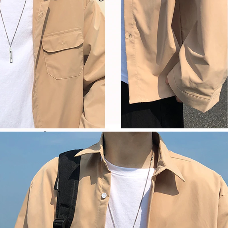 

Men Shirts Solid Long Sleeve Single Breasted Top Males Safari Style Loose All-match Plus Size S-3XL Chic Basic Leisure Harajuku