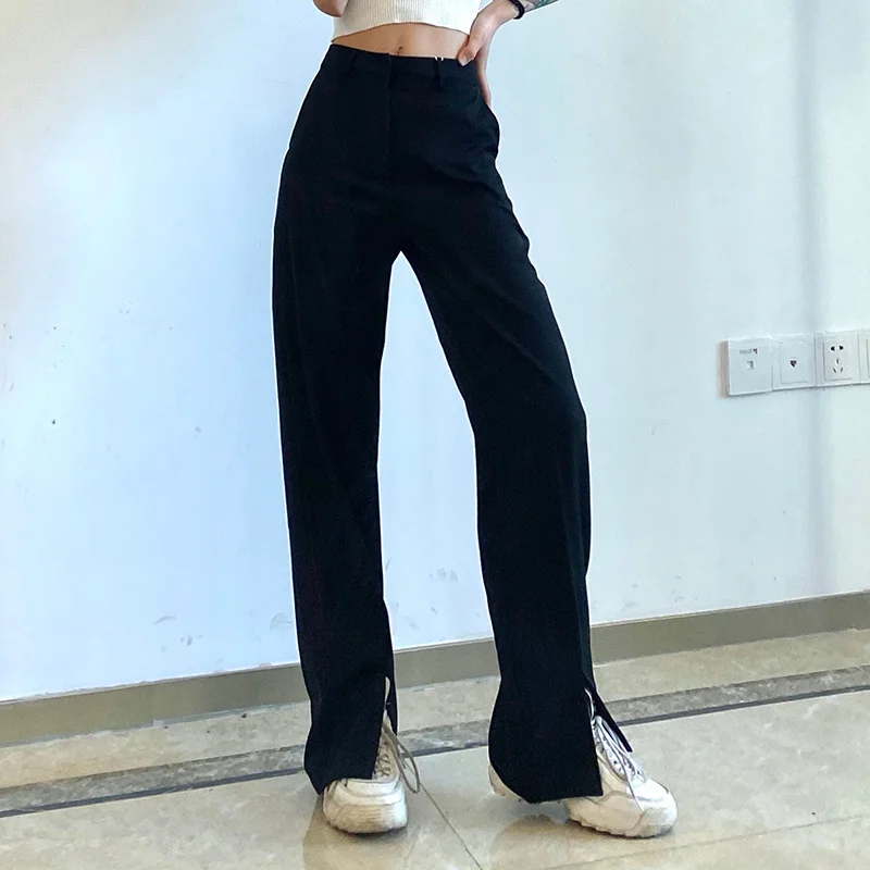 

Hight Street Pants With Split Hem Design High Waist Suit Pants Women's Black Slim Floor Draping Pants Rachel