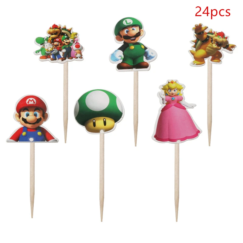 Cake Topper 24pcs 1 шт./лот, одноразовые скатерти «Super Mario Bros», «Mario Bros», украшения для дня рождения, «Super Mario Bros», пластиковые скатерти - Цвет: Cake Topper 24pcs
