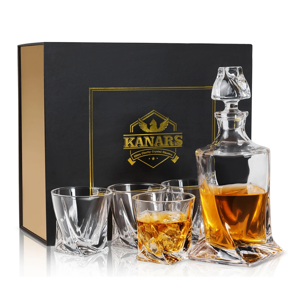 KANARS Whiskey Decanter & Glass Set, Premium Crystal Twisted Liquor Scotch Bottle Carafe Gift for Men Dad Friend Husbands
