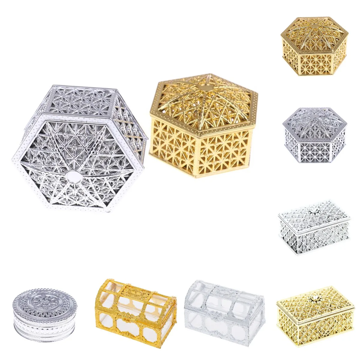 

Mini Plastic Hollow Gold Foil Cake Candy Box Wedding Favor Marriage Baby Shower Gift Treat Box Party Event Supply