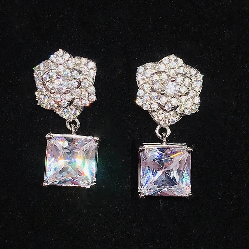 

Fashion Rose Flower Drop Earrings Inlay White Square AAA Cubic Zirconia Exquisite Camellia Women Wedding Engagement Jewelry