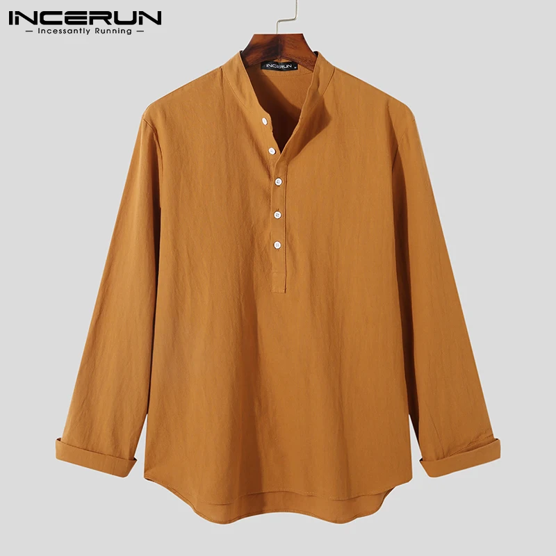 

2021 Men Shirt Brand Solid Color Vintage Stand Collar Long Sleeve Streetwear Casual Camisa Masculina Cotton Leisure Tops INCERUN