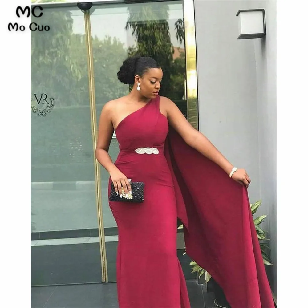 

New Wine Red One Shoulder Mermaid Evening dresses Long Prom Gown Vestidos de fiesta Elastic Satin Formal Evening Prom Dress