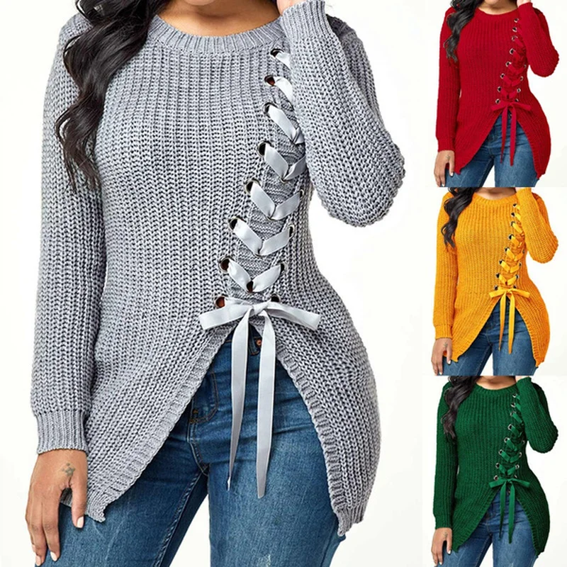 

Sewater Women Autumn Casual Lace Up Sexy Side Slit Solid Clolor Plus Size Loose Pullover Slim Fit Knitted Sweaters Pullovers