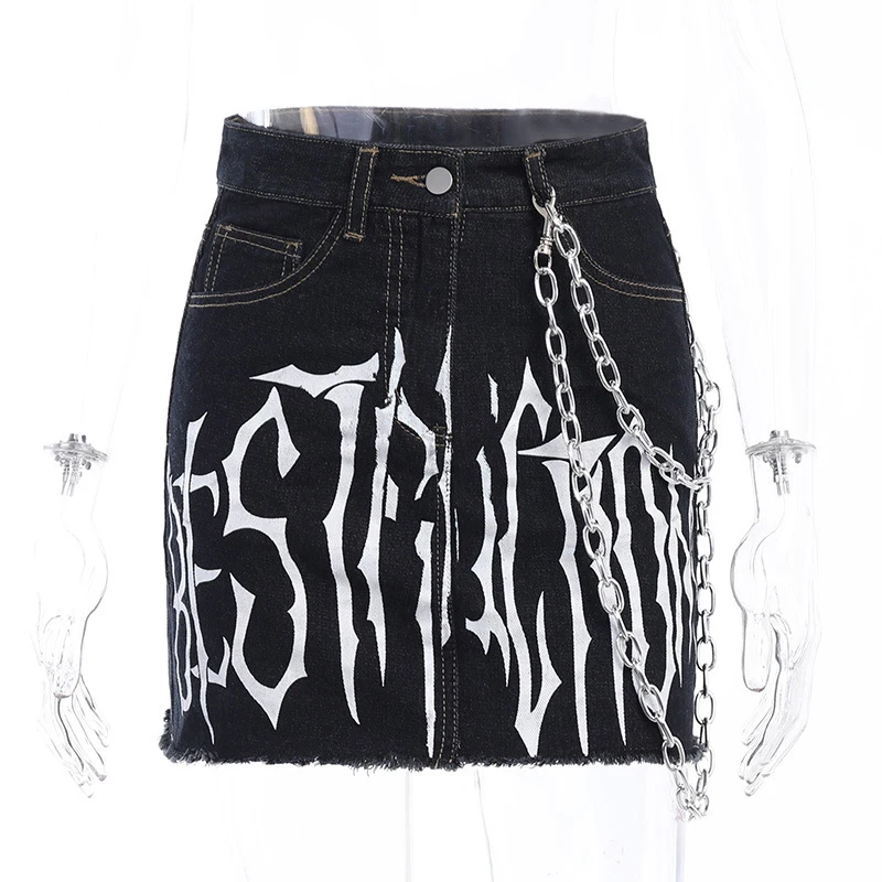 Женская готическая джинсовая юбка Goth Dark черная облегающая мини-юбка с принтом в