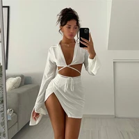 women%e2%80%99s sexy tops and skirt suit fashion solid color long sleeve cardigan and split short skirt