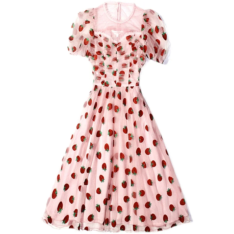 

Heavy work summer strawberry sequined mesh dress women puff sleeve high waist sweet princess dress