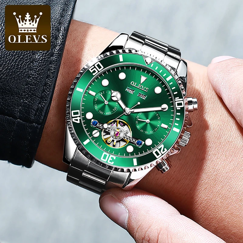 OLEVS New Automatic Mechanical Watches Fashion Men Green Water Ghost Watch Tourbillon Dial Luminous Shockproof Waterproof Reloj