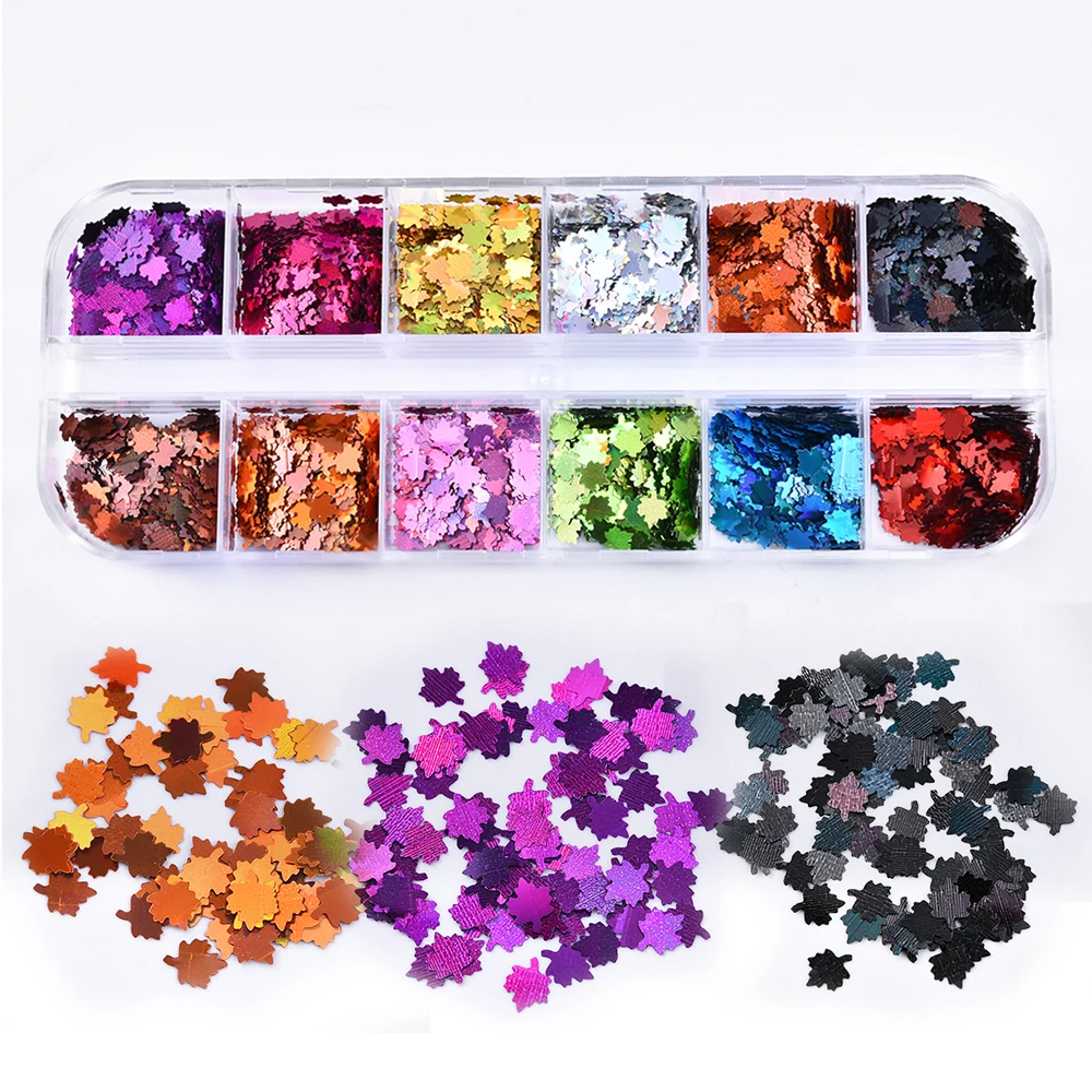 

12 Boxes Nail Holographic Flakes Mixed Mini Sparkly DIY Nail Art Decorations Nail Art Glitter Sequin Spring Maple Leaf Color