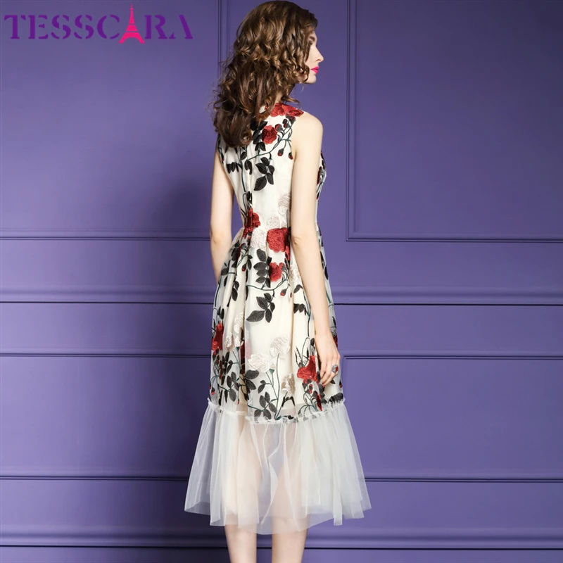 TESSCARA женское роскошное Сетчатое платье с цветочной вышивкой, женское длинное элегантное платье высокого качества, дизайнерское платье для свадебной вечеринки Vestidos