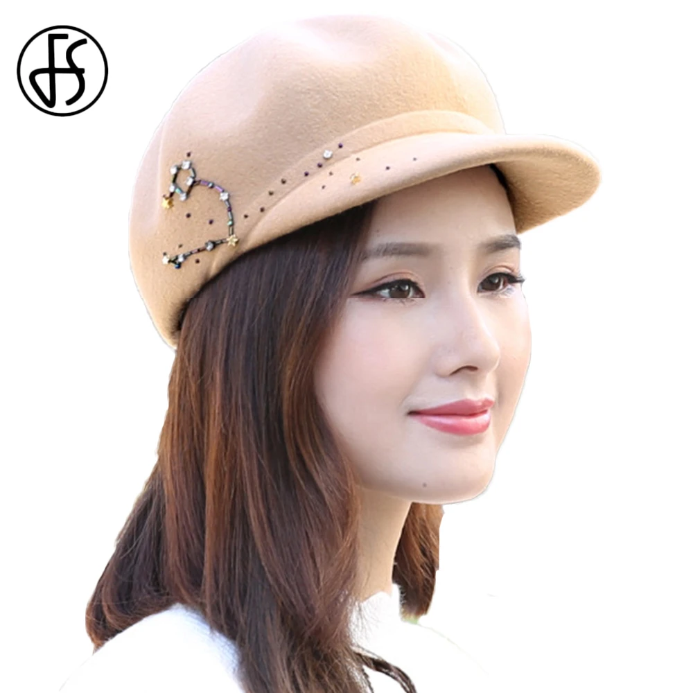 

FS Fashion Warm Wool Felt Women British Newsboy Gatsby Cap Octagonal Hats Beret Korean Ladies Peaked Hat Painter Caps Diamond