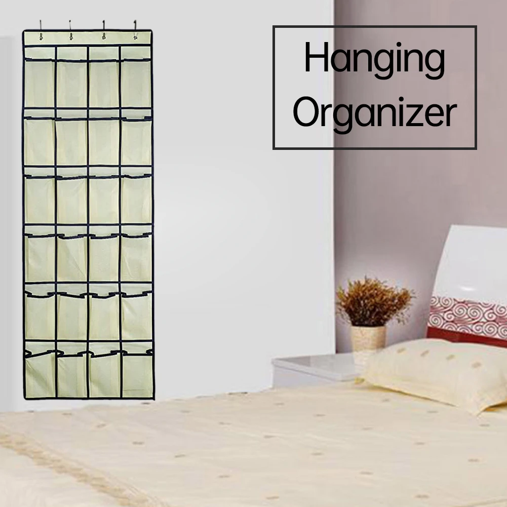 

24 Mesh Hanging Organiser Over The Door Shoe Holder Wall Mount Pockets Storage Hanger Sundries Bag For Livingroom Wardrob Beige