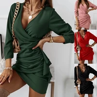 womens autumn sexy dress solid color v neck tie simple fashion mid length sleeve dress party dress short mini vestidos