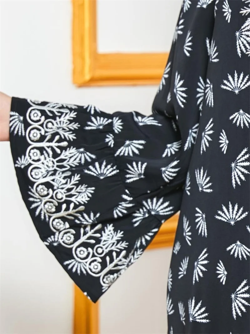 

Ethnic Print Embroidery Women Maxi Dress Black Loose V Neck Long Sleeve Arabic Muslim Islamic Clothing Dresses Elegant Swing