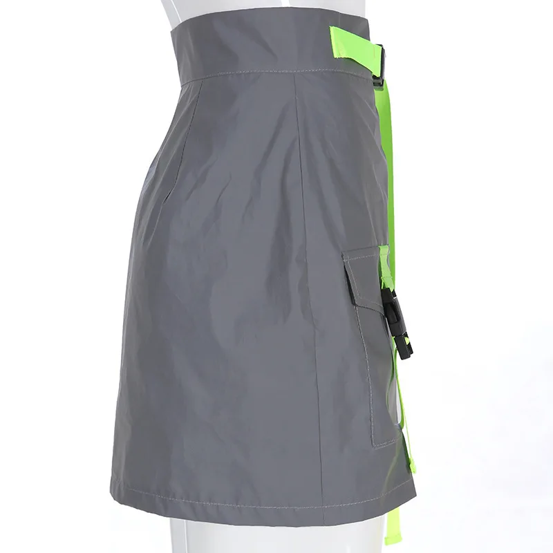Gray Neon Reflective Suit for Women Outfits Matching Zip 2 Piece Set Sexy Club Trapless Crop Top and Skirt Summer Clothing