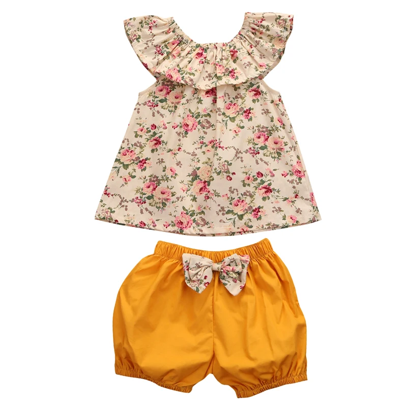 

Infant Newborn Baby Toddler Little Girls Summer Set Clothing Floral Print Short Sleeve Top+Solid Short Pants 2Pcs Outfit 0-3Y