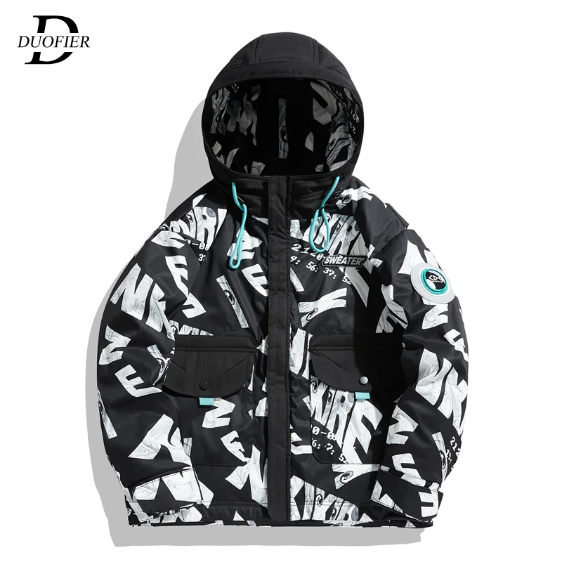 Street Trendy Mens Fashion Hooded Puffer Jacket Korean Harajuku Style Letter Printing Down Coats Male 90% Grey Duck Down Outwear