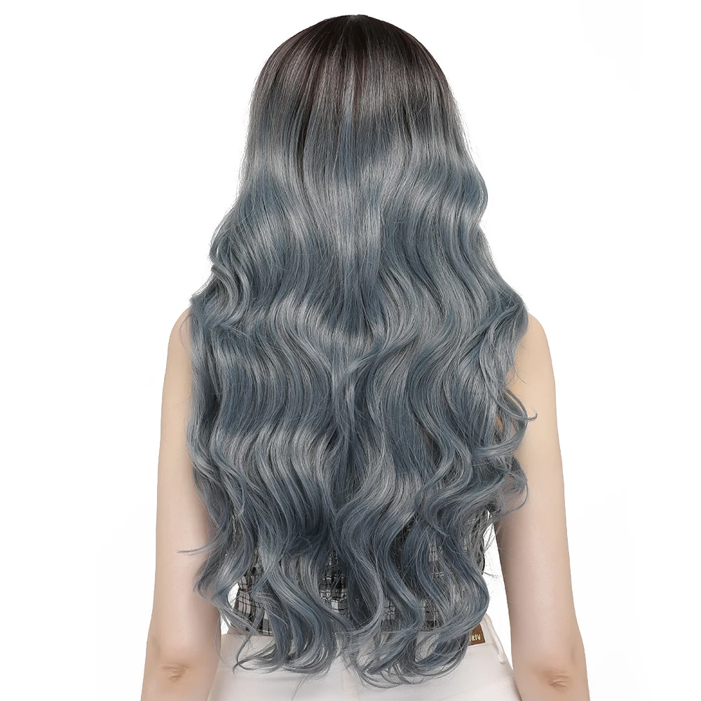 Синтетические синие парики для женщин длинные волнистые волосы с черными