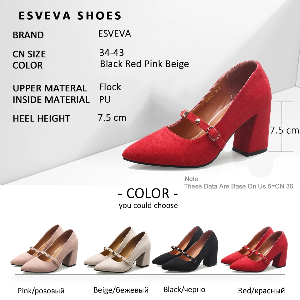 

ESVEVA 2019 Women Pumps Flock Square High Heels Elegant Basic Sandals Pointed Toe Women Shoes Size 34-43 Shallow Pumps Shoes