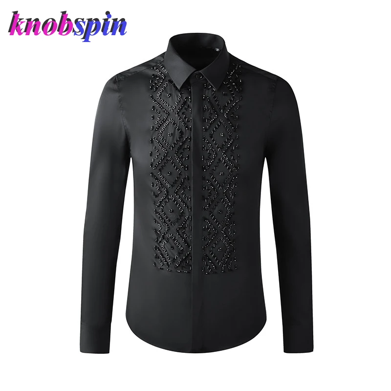 Manual Beading Men's Long Sleeve Shirt Elegant Black Solid Business Male Dress Shirts Slim Casual Cotton Chemise homme Plus size