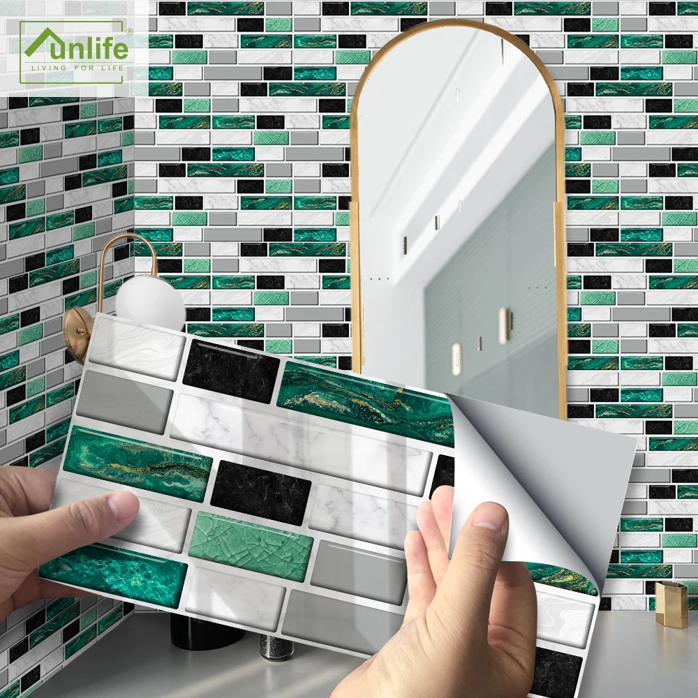 Funlife® 20x10cm Waterproof Self-adhesive Backsplash Tile Green Gate Marble Tile Stickers for Fireplace Kitchen Bathroom Decors