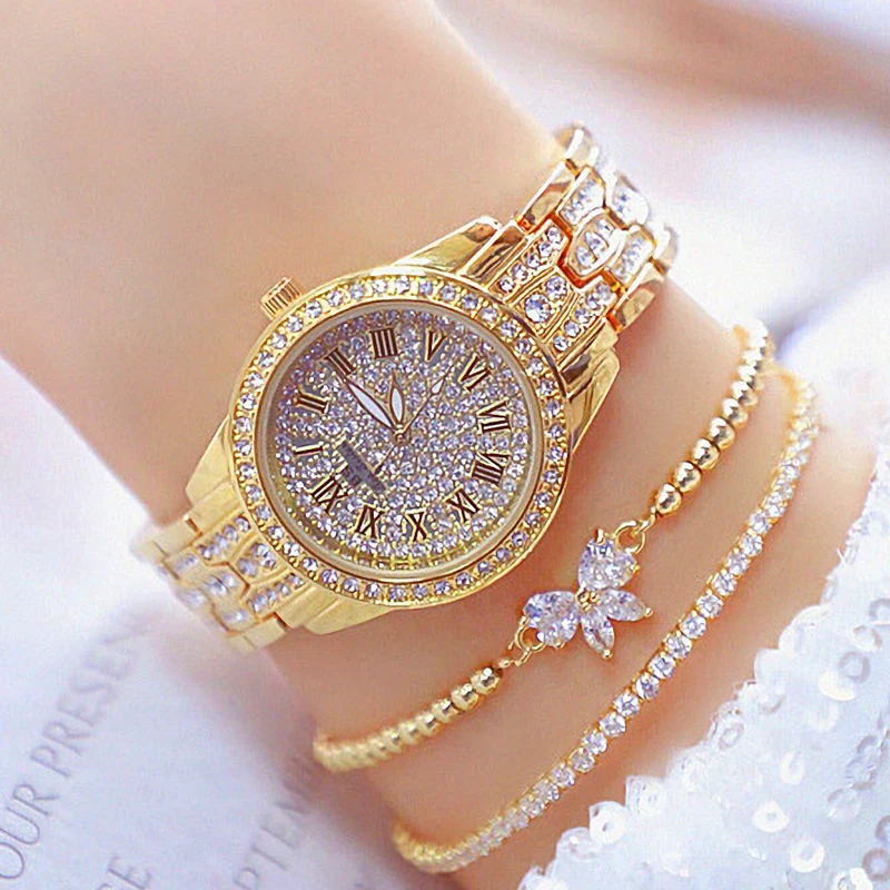 

Часы наручные женские кварцевые со стразами, брендовые Роскошные модные стальные золотистые с браслетом