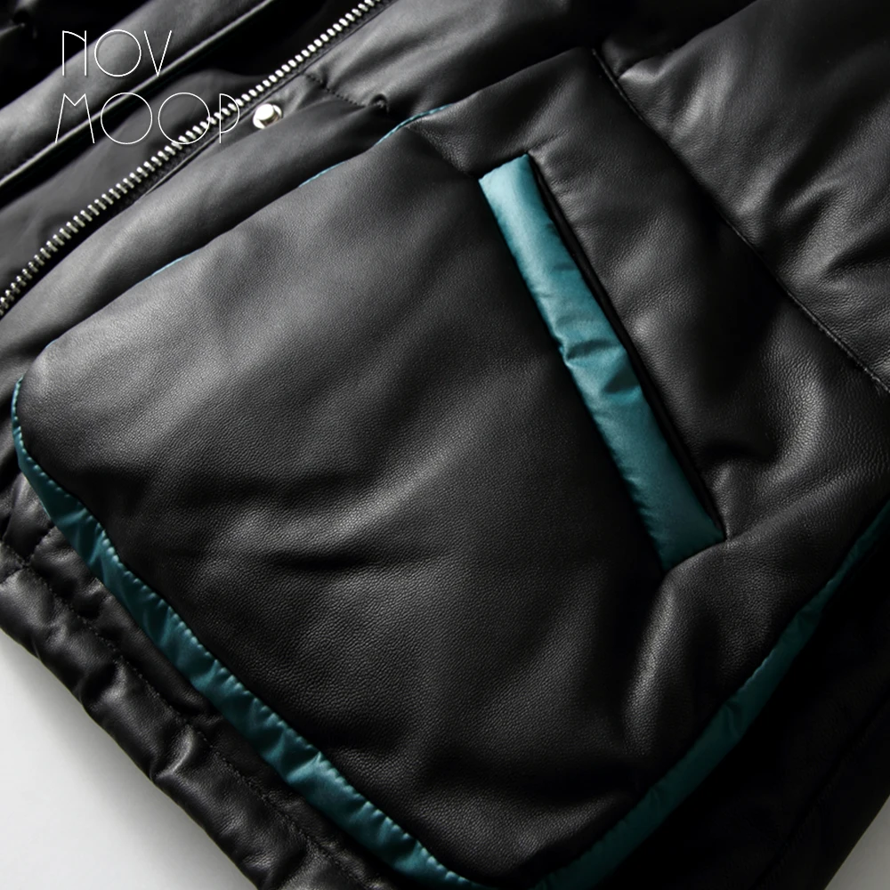 

Novmoop satin fabric patched and lined genuine leather women down coat oversize and leasure style LT3336