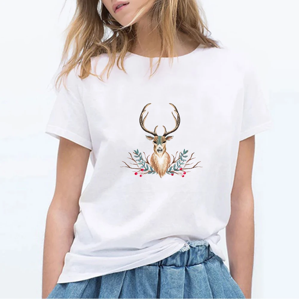 

2020 New Design Christmas Deer Fashion T Shirts Aesthetic Women Cute Animal Print T-shirt Harajuku Kawaii T Shirt for Christmas