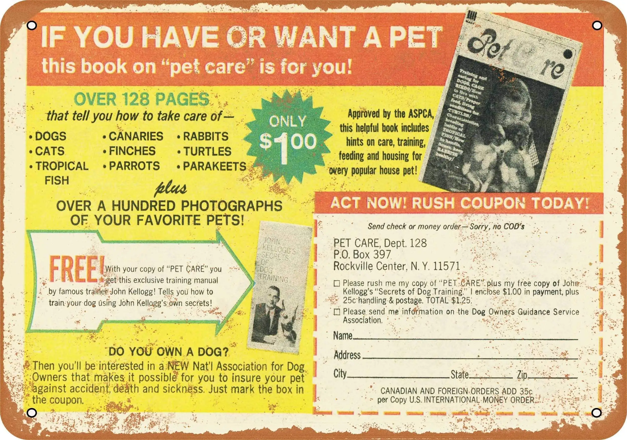 

SLALL 1969 Pet Care Book Only $1.00 Retro Street Sign Household Metal Tin Sign Bar Cafe Car Motorcycle Garage Decoration