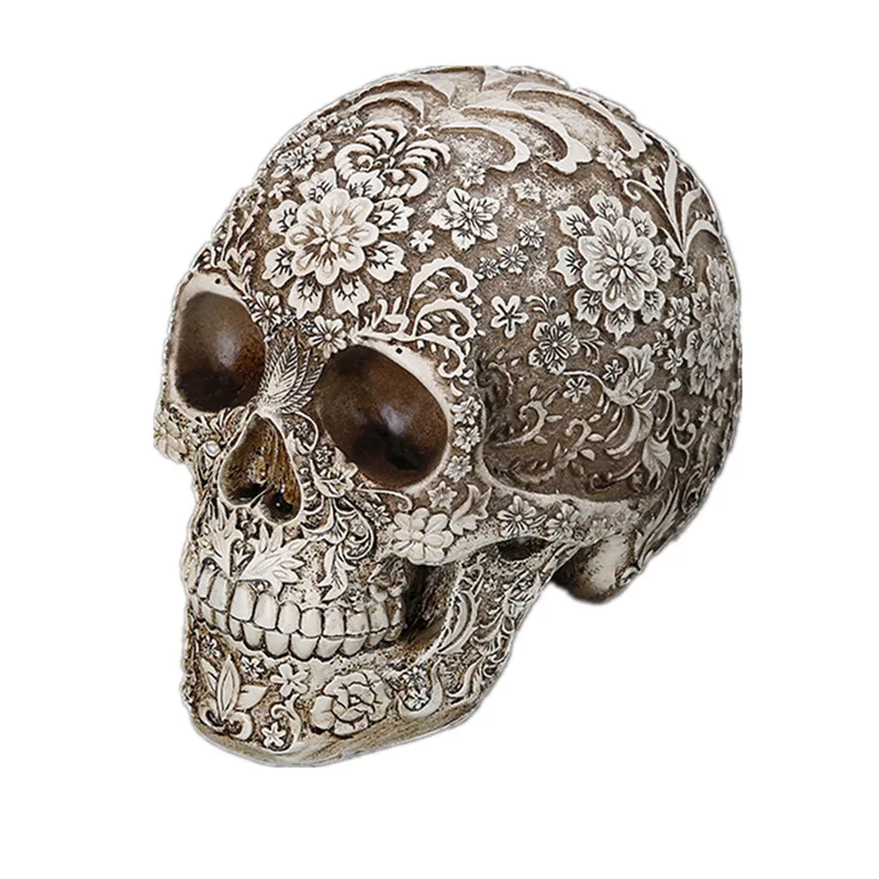 

20cm Resin Carved White Skull Statue Sculpture Halloween Decoration for Home Scary Horror Skeleton Party Bar Ornament Skull Head