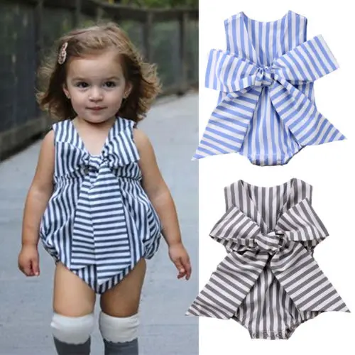 

AA Baby Girls Romper Summer Newborn Baby Girl Bowknot Sleeveless Romper Striped V-neck Jumpsuit 2018 Baby Clothing Outfits
