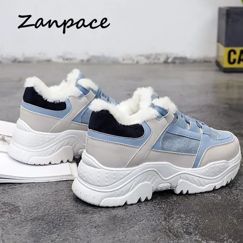 ZANPACE; женские повседневные кроссовки; теплые зимние женские ботинки на платформе; теплая женская обувь с Плюшевым Мехом; весенняя женская обувь на шнуровке