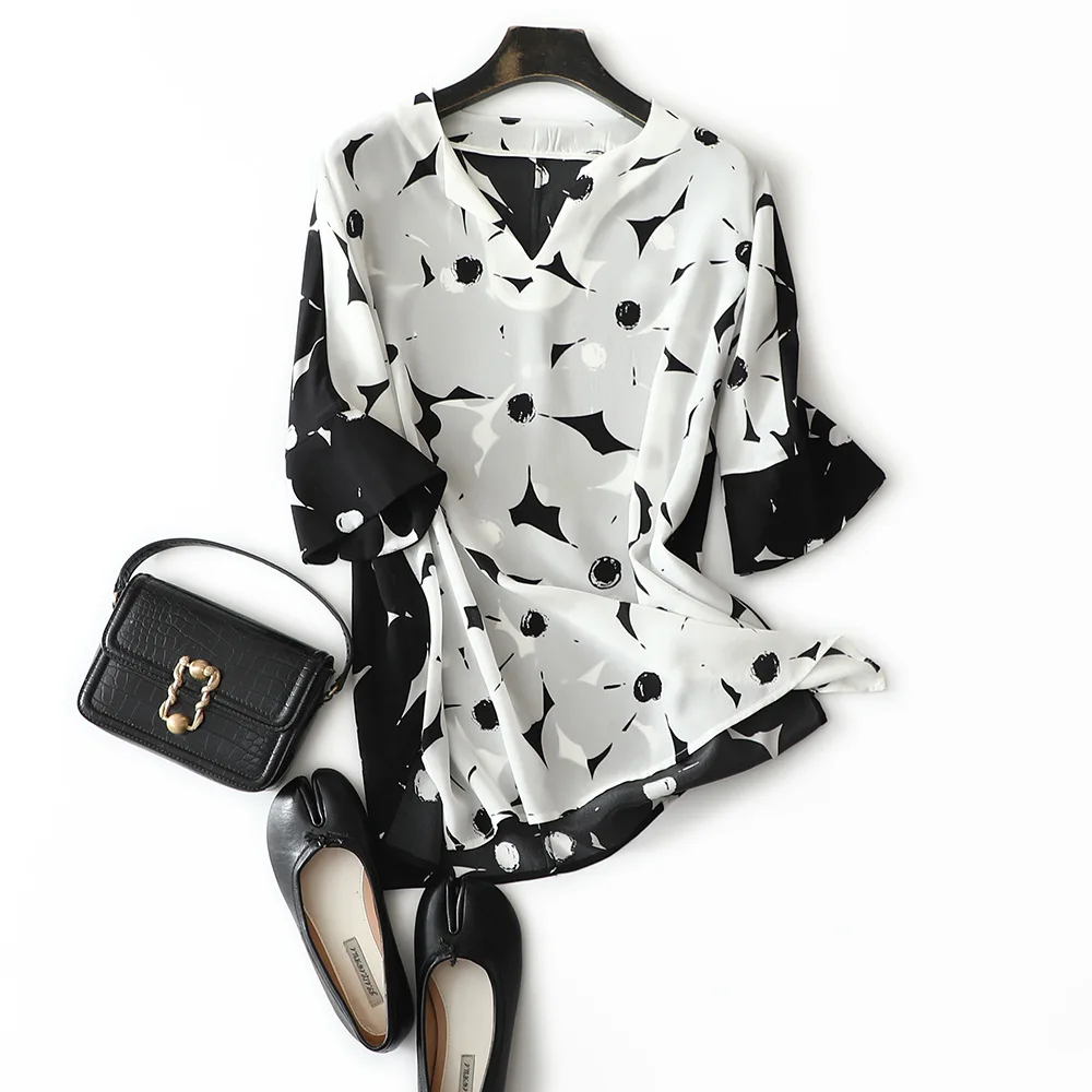 

6A grade 20mm 100% natura silk printed tops 2021 new arrival high quality Geometric print shirt women summer comfortable blouse