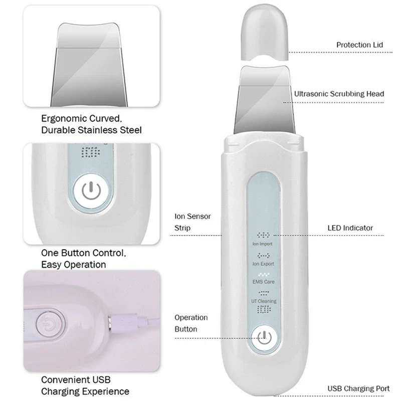 

Skin Scrubber Peeling Shovel Ultrasonic Face Cleaning Wrinkles Reduce Blackhead Removal Peeling Shovel Cleaner Pore Cleaner