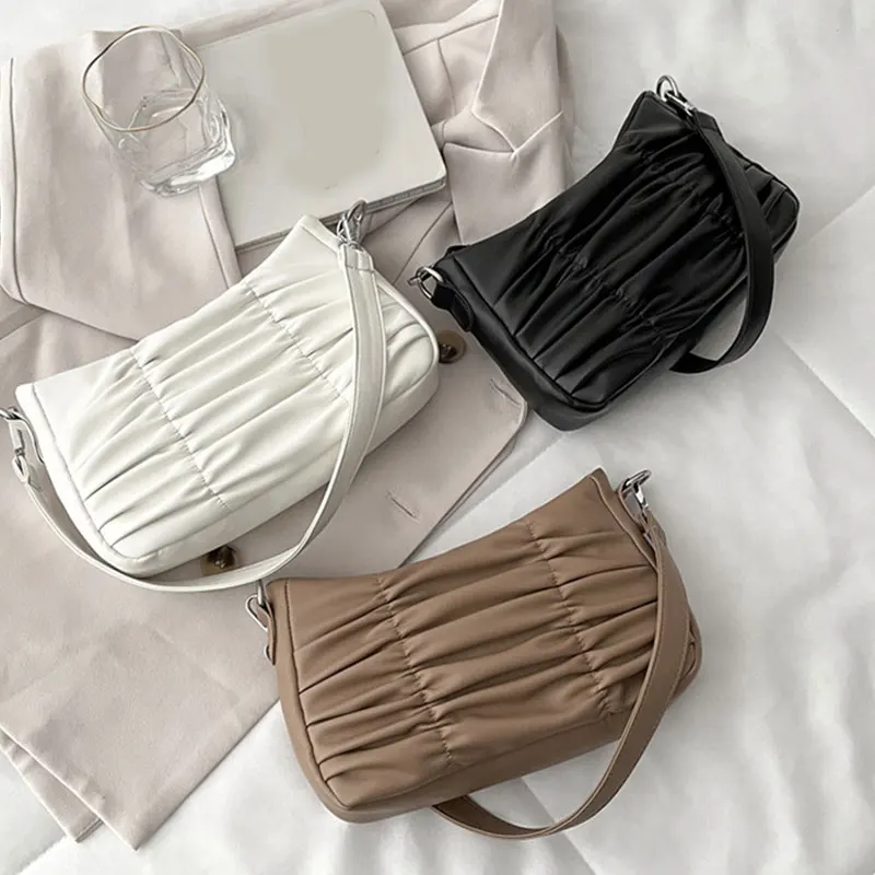 

2021 New Vintage Women Pleated Square Bag Solid Color PU Leather Shoulder Underarm Bags Casual Ladies Small Purse Handbags