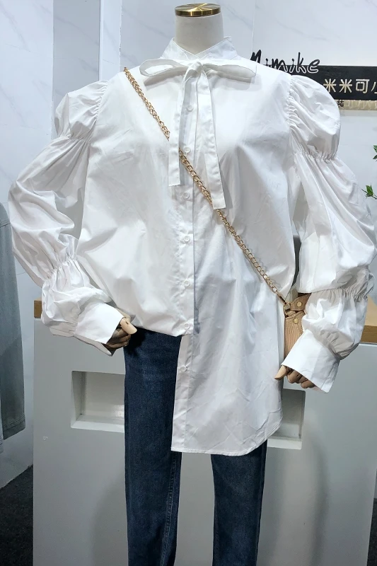 

Sweet Girl White Shirt Top 2021 Spring French Style Loose Bubble Sleeve Bow Lacing Women Stand Collar Clothes