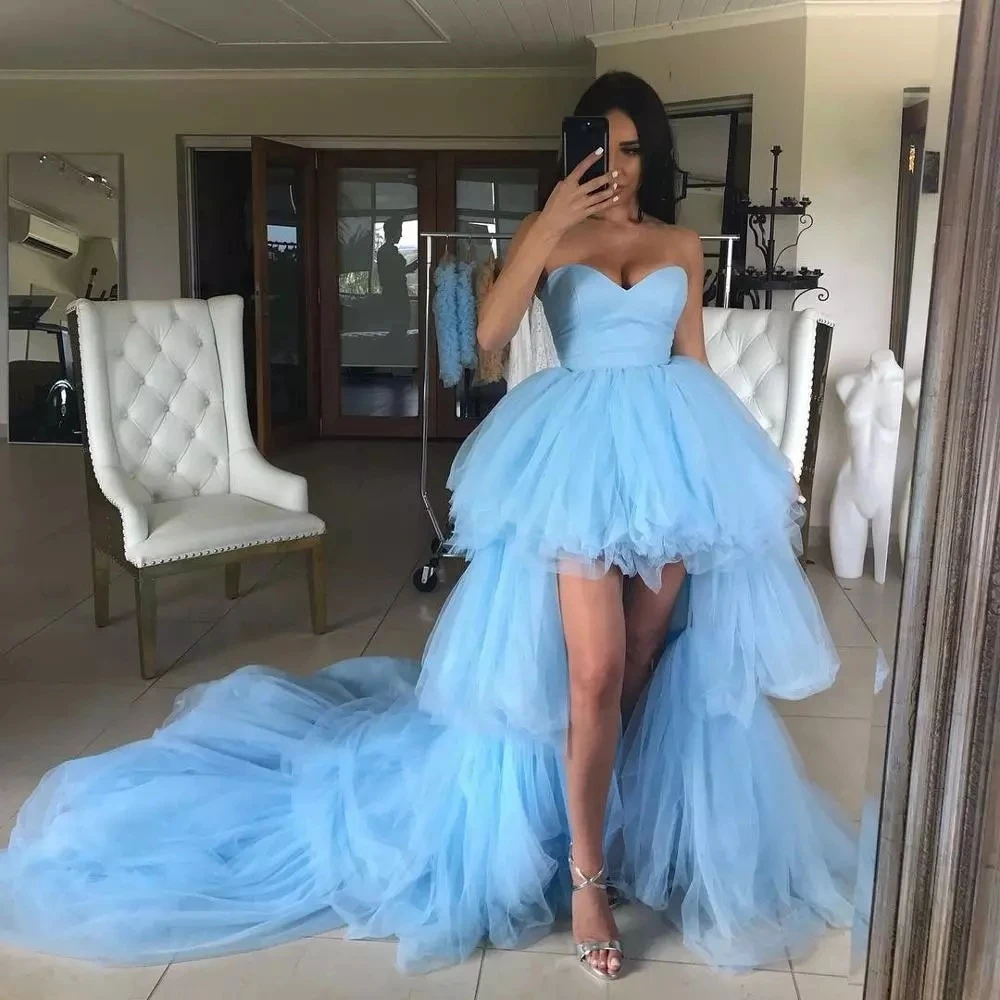 High Low Prom Dresses 2020 Sweetheart Ruffles Light Blue Tulle Short Front Long Back Party Dresses Graduation Evening Gowns