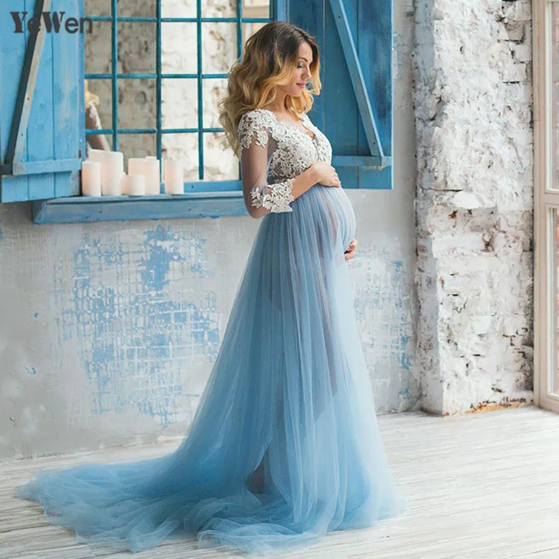 V Neck Maternity Dresses For Photo Shoot Tulle Pregnancy Dress Photography Props Maxi Gown Formal Dresses For Pregnant Women