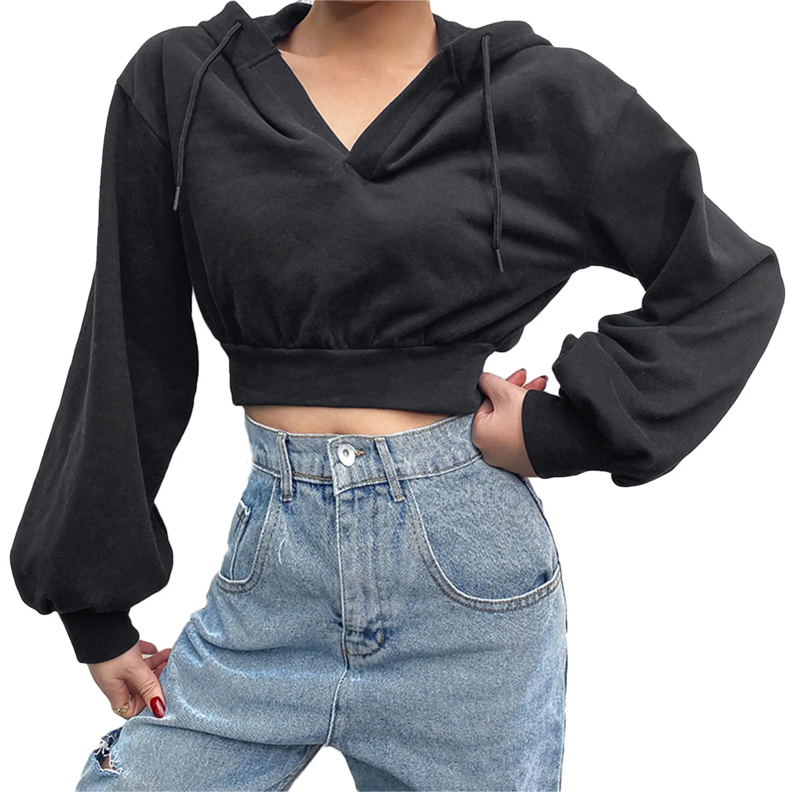 

2020 New Hot Fashion Womens Cropped Hoodies Casual Long Sleeve V Neck Solid Color Loose Fit Sweatshirts Crop Tops