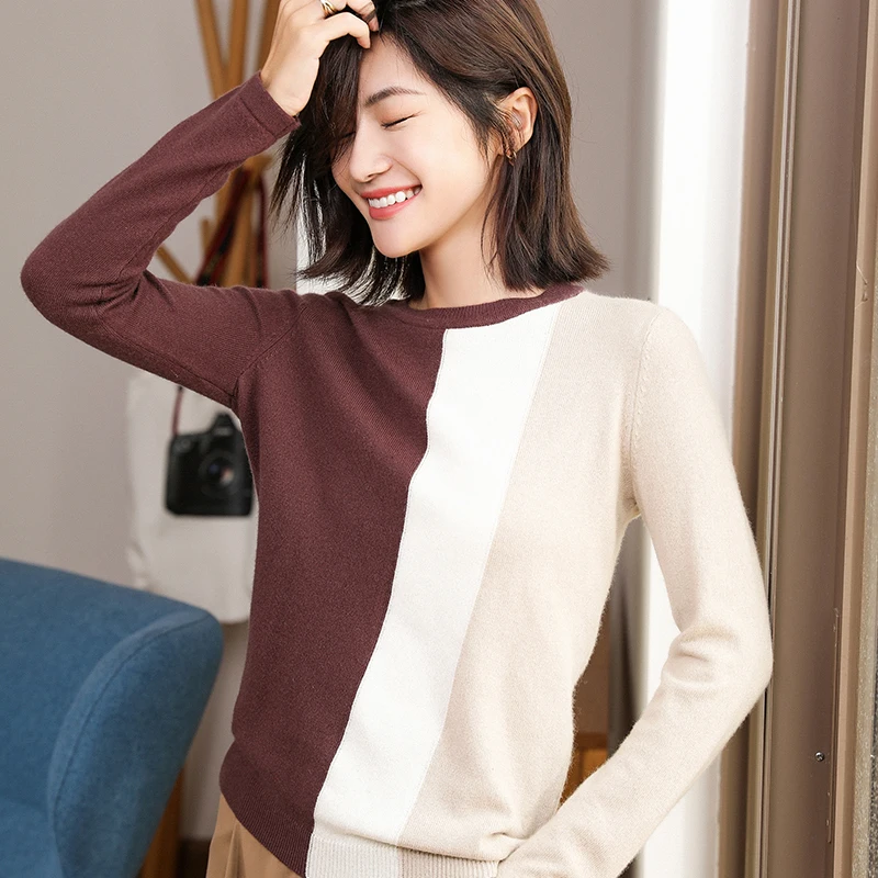 Трикотажные женские пуловеры из смешанной шерсти лоскутные с круглым вырезом и