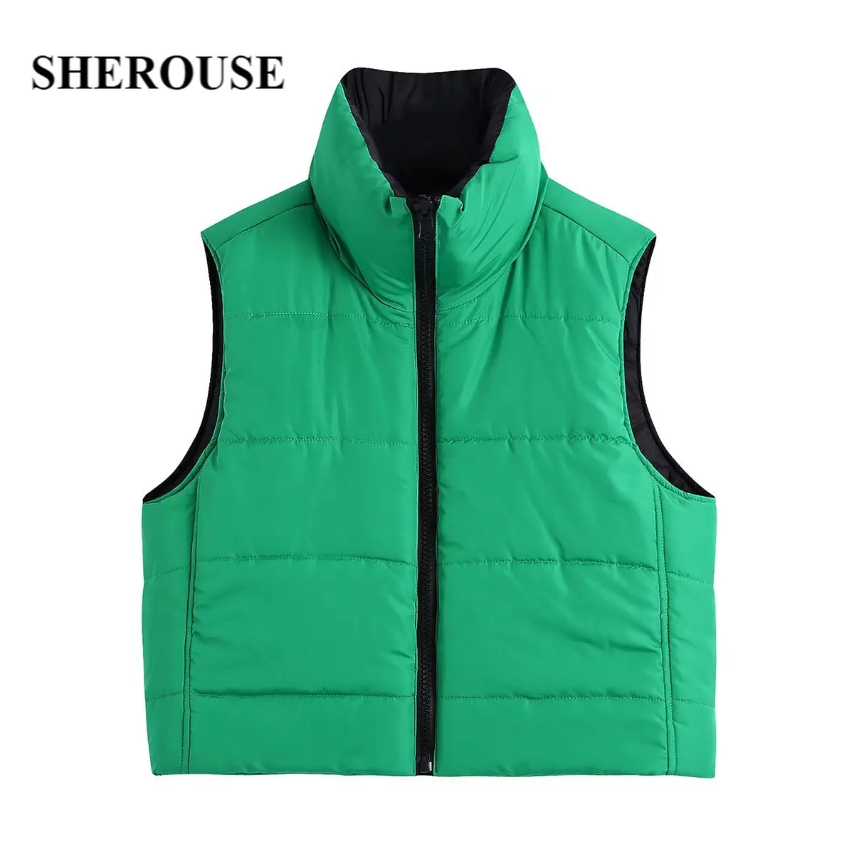 

SHEROUSE Women Fashion Front Zipper Solid Reversible Vest Vintage Sleeveless High Neck Casual Female Jacket Chic Outfits