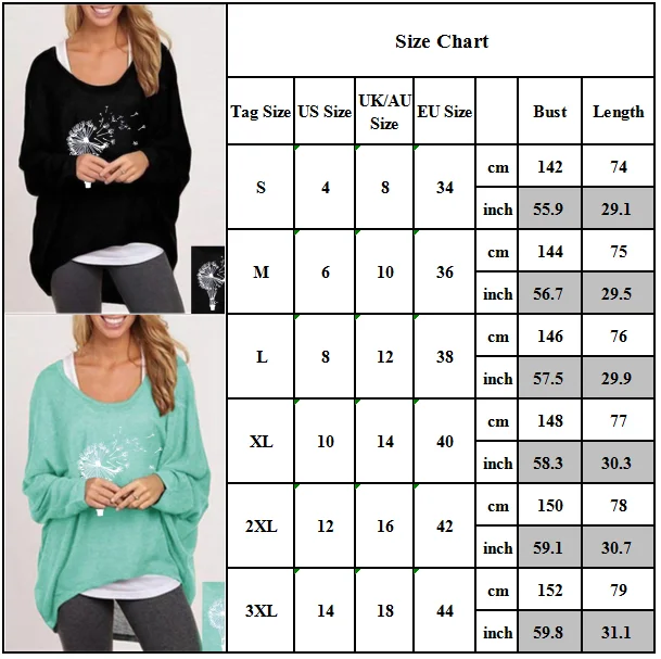 

Womens Ladies Loose Baggy Jumper Tops Irregular Dandelion Print T-shirts Blouse