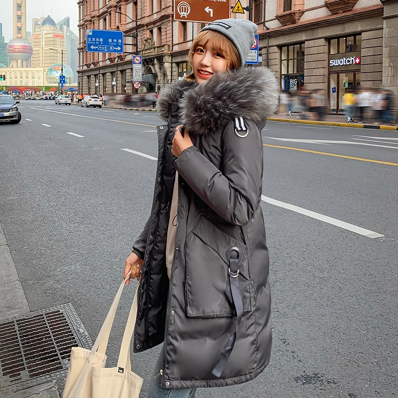 Thick women long jacket casual fashion warm cotton winter parka women big pocket fur collar hooded female coat outwear