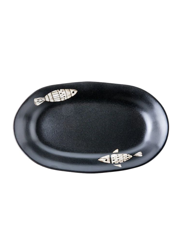 

Creative Japanese Style Hand Drawn Fish Dish Large Size Fish Dish New Oval Ceramic Long Platter Tableware