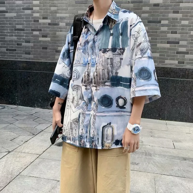 

Oil Painting Printing Half Sleeve Shirts for Men 2021 Summer Vintage Loose Shirt Fashions Streetwear Tops Camisas Para Hombre