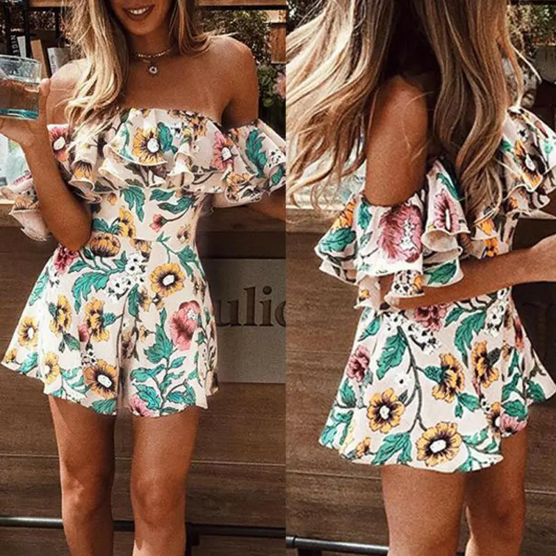 Сексуальный Boho цветочный принт комбинезон с рюшами Женский Летний Тонкий