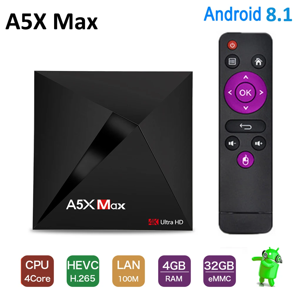 A5X MAX Android 8 1 ТВ приставка RK3328 4 Гб ОЗУ 32 ПЗУ USB 3 0 2 ГГц WiFi Bluetooth медиаплеер 4K HD Смарт