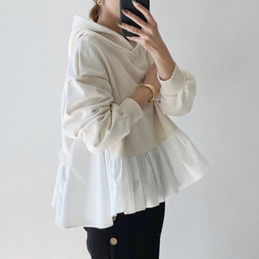 

Hooded Japanese Stitching Sweater Women 2021 New Women's Korean Style Long-sleeved Loose Solid Color Fashion Casual Fold Autumn