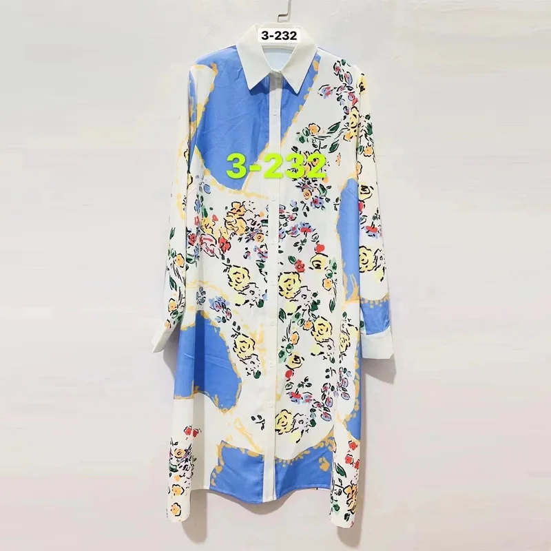 

2021 summer Lady Women's Shirt Dress Wave Print Long Sleeve V-neck Casual Loose Holiday Midi Dress Plus Size
